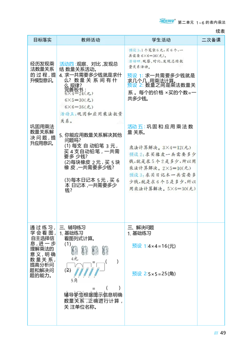 第二单元_小学数学人教版单独教案（1-6上下册）_《阳光同学教案》1-6上册（25秋）_阳光同学特级教案数学人教2年级上册_第二单元1~6的表内乘法