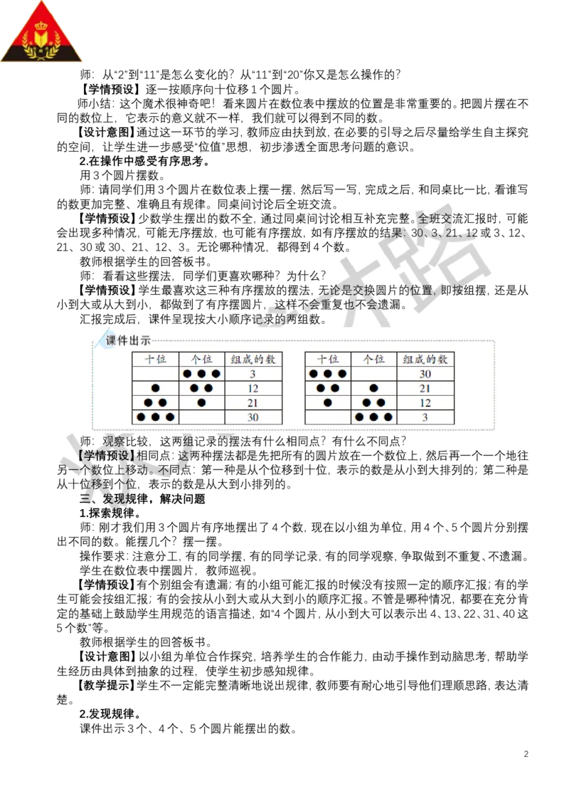 摆一摆，想一想_小学数学人教版单独教案（1-6上下册）_《状元大课堂教案》1-6上下册（26春）_1-6下册_1年级下册（25春）_三100以内数的认识