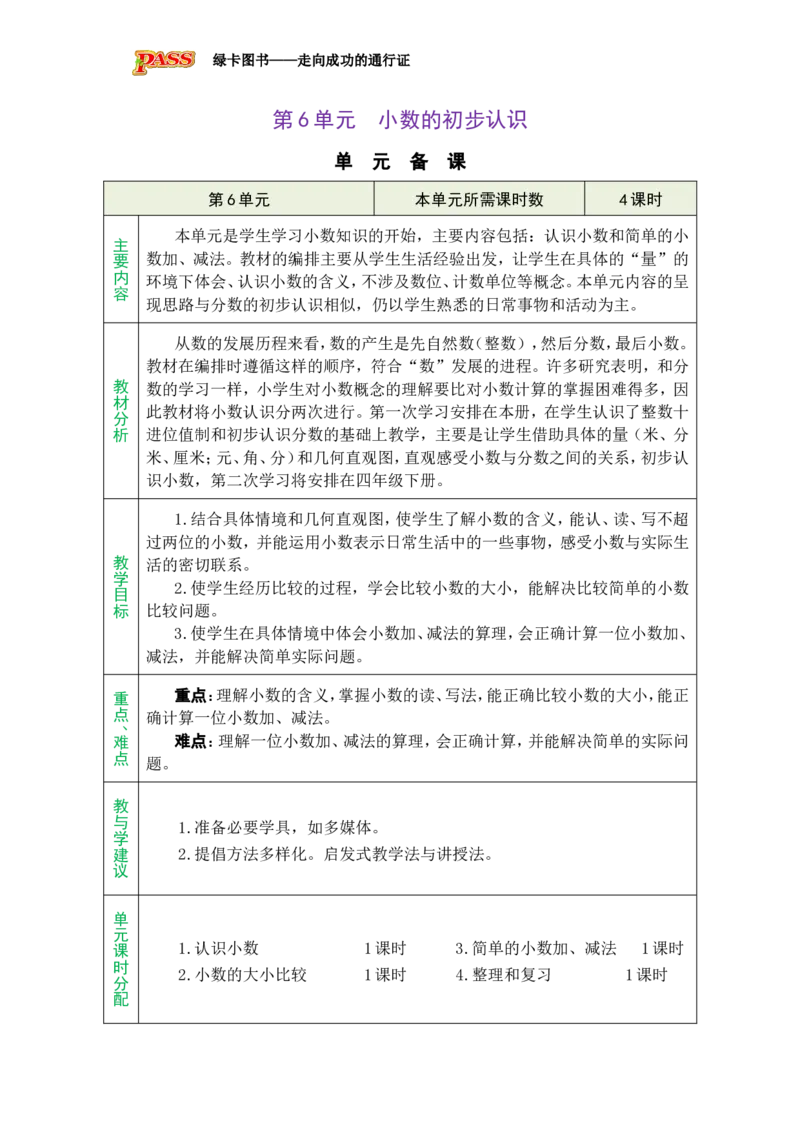 单元备课_小学数学人教版单独教案（1-6上下册）_《绿卡图书教案》1-6下册（26春）_3年级下册（26春）_7小数的初步认识