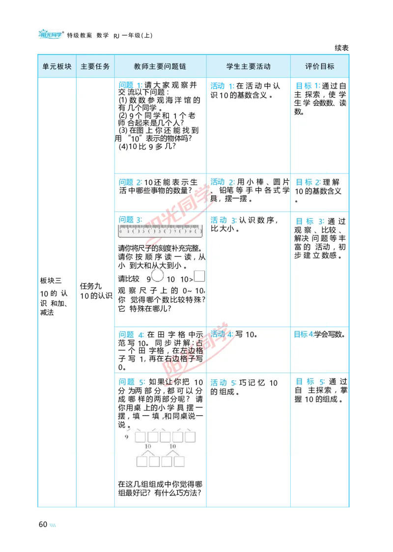 二6~10的认识和加、减法_小学数学人教版单独教案（1-6上下册）_《阳光同学教案》1-6上册（25秋）_阳光同学特级教案数学人教1年级上册