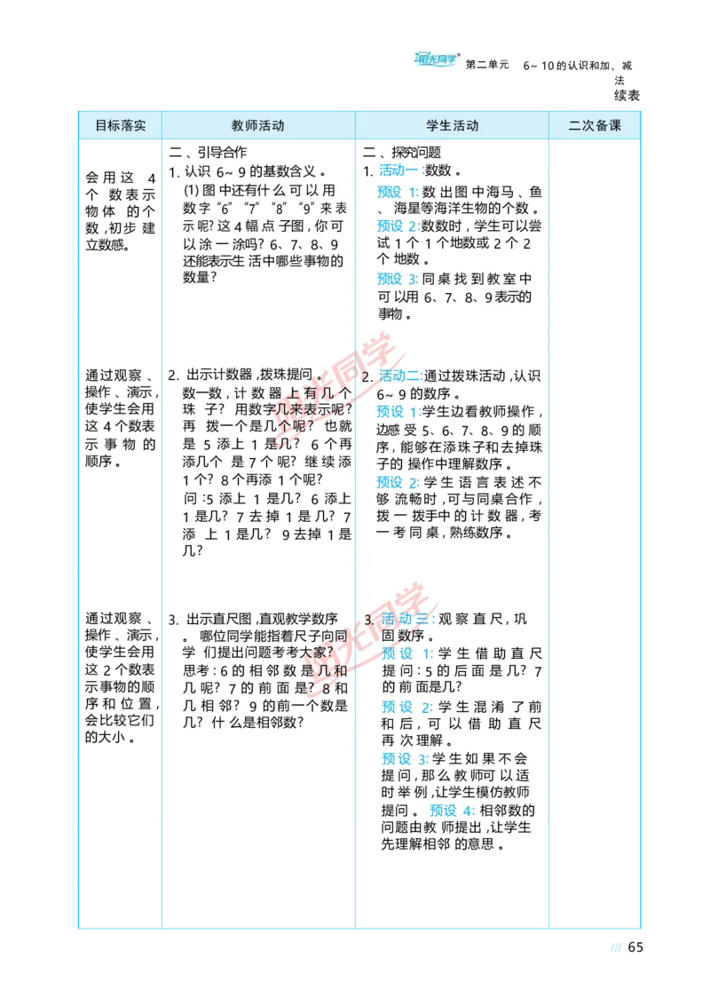 二6~10的认识和加、减法_小学数学人教版单独教案（1-6上下册）_《阳光同学教案》1-6上册（25秋）_阳光同学特级教案数学人教1年级上册