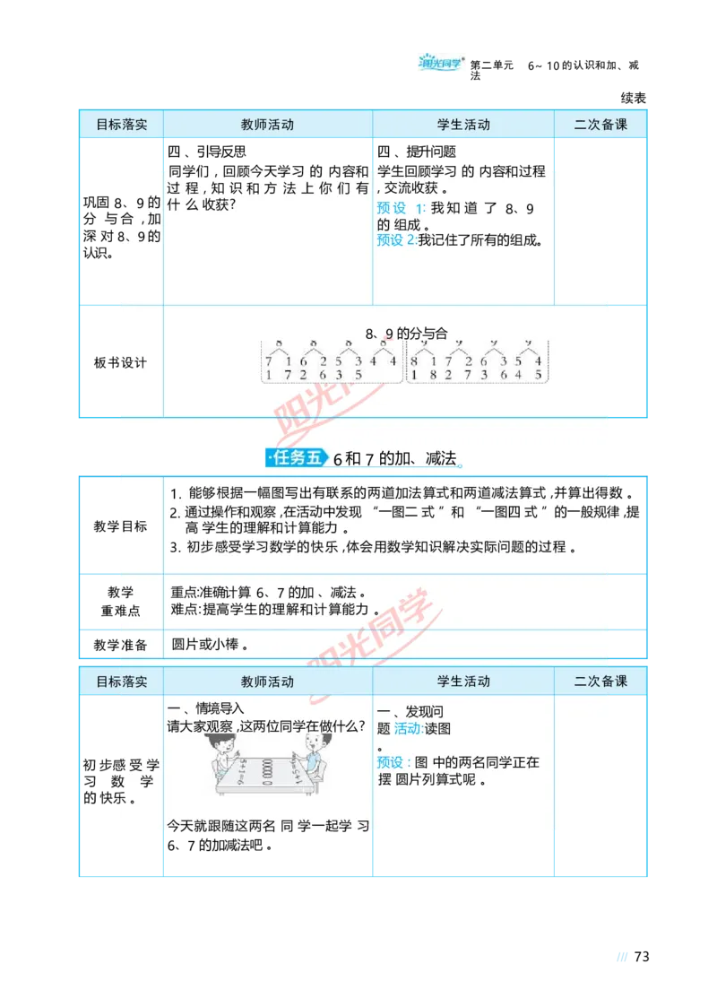 二6~10的认识和加、减法_小学数学人教版单独教案（1-6上下册）_《阳光同学教案》1-6上册（25秋）_阳光同学特级教案数学人教1年级上册