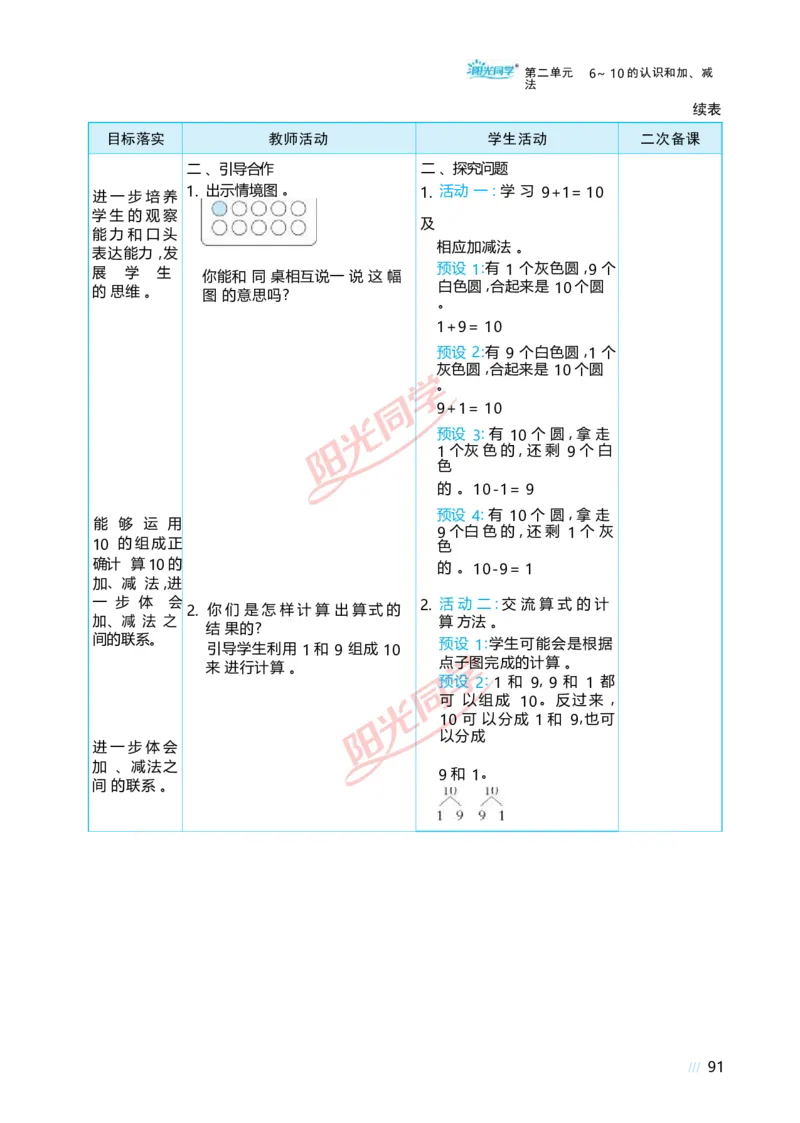 二6~10的认识和加、减法_小学数学人教版单独教案（1-6上下册）_《阳光同学教案》1-6上册（25秋）_阳光同学特级教案数学人教1年级上册