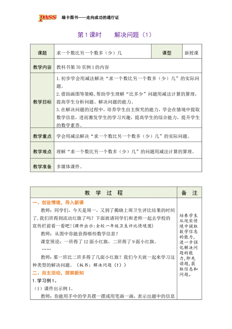 第1课时解决问题（1）_小学数学人教版单独教案（1-6上下册）_《绿卡图书教案》1-6下册（26春）_1年级下册（26春）_6数量间的加减关系