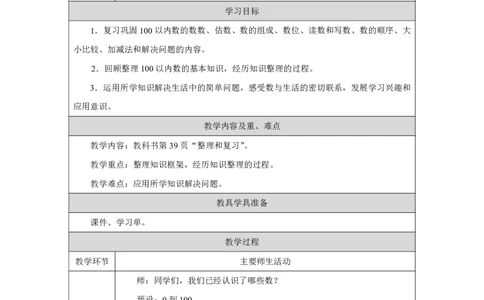 18整理和复习_整理和复习_教学设计_小学数学人教版单独教案（1-6上下册）_《智慧教育教案》1-6上下册（25秋）_1-6下册_1年级下册（教案）2025春_2025春_第3单元100以内数的认识