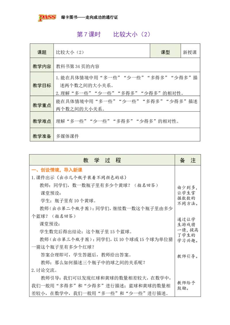 第7课时比较大小（2）_小学数学人教版单独教案（1-6上下册）_《绿卡图书教案》1-6下册（26春）_1年级下册（26春）_3100以内数的认识
