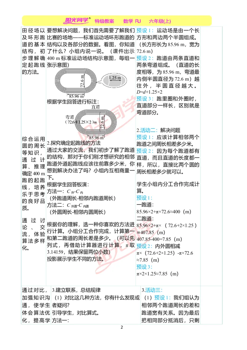 第五单元后确定起跑线教学案例_小学数学人教版单独教案（1-6上下册）_《阳光同学教案》1-6上册（25秋）_阳光同学特级教案数学人教6年级上册_确定起跑线