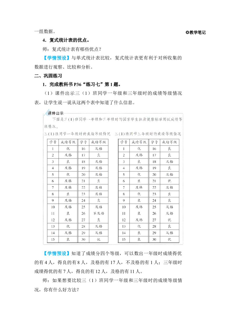 练习课_小学数学人教版单独教案（1-6上下册）_《状元大课堂教案》1-6上下册（26春）_1-6下册_3年级下册（26春）_旧教材教案_3复式统计表