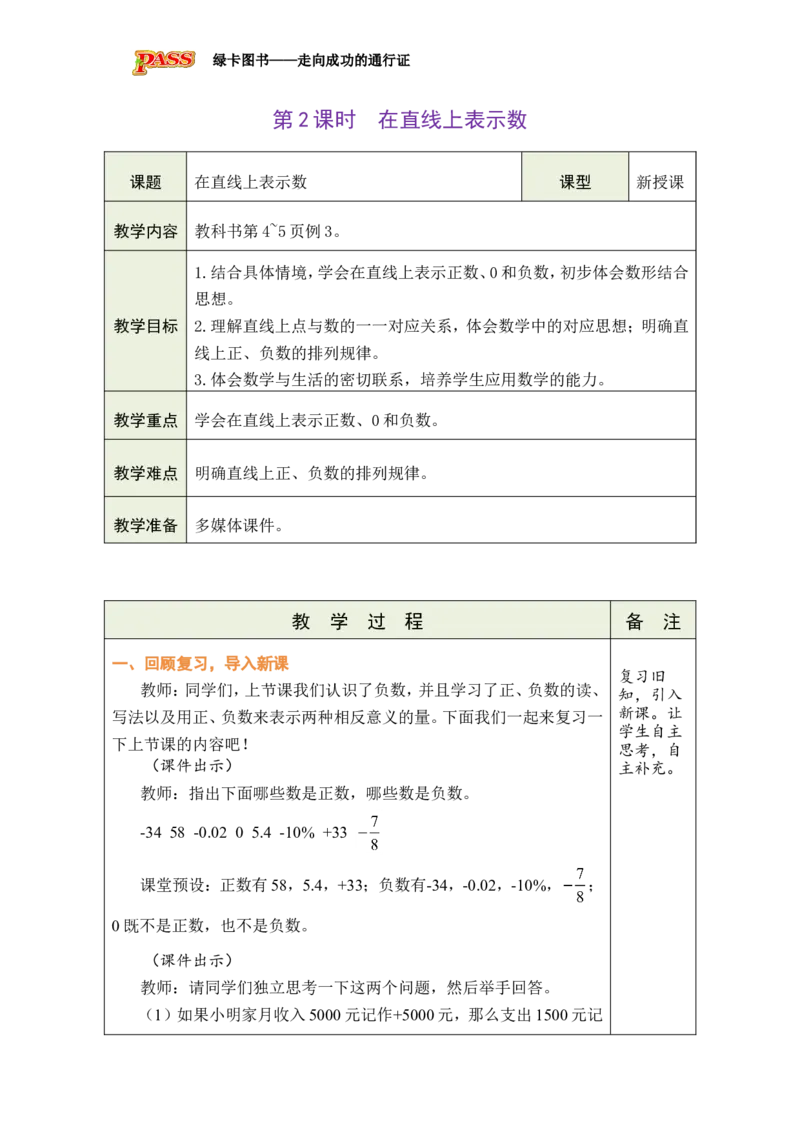 第2课时在直线上表示数_小学数学人教版单独教案（1-6上下册）_《绿卡图书教案》1-6下册（26春）_6年级下册（26春）_1负数
