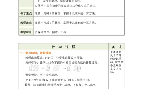 第1课时十几减9_小学数学人教版单独教案（1-6上下册）_《绿卡图书教案》1-6下册（26春）_1年级下册（26春）_220以内的退位减法