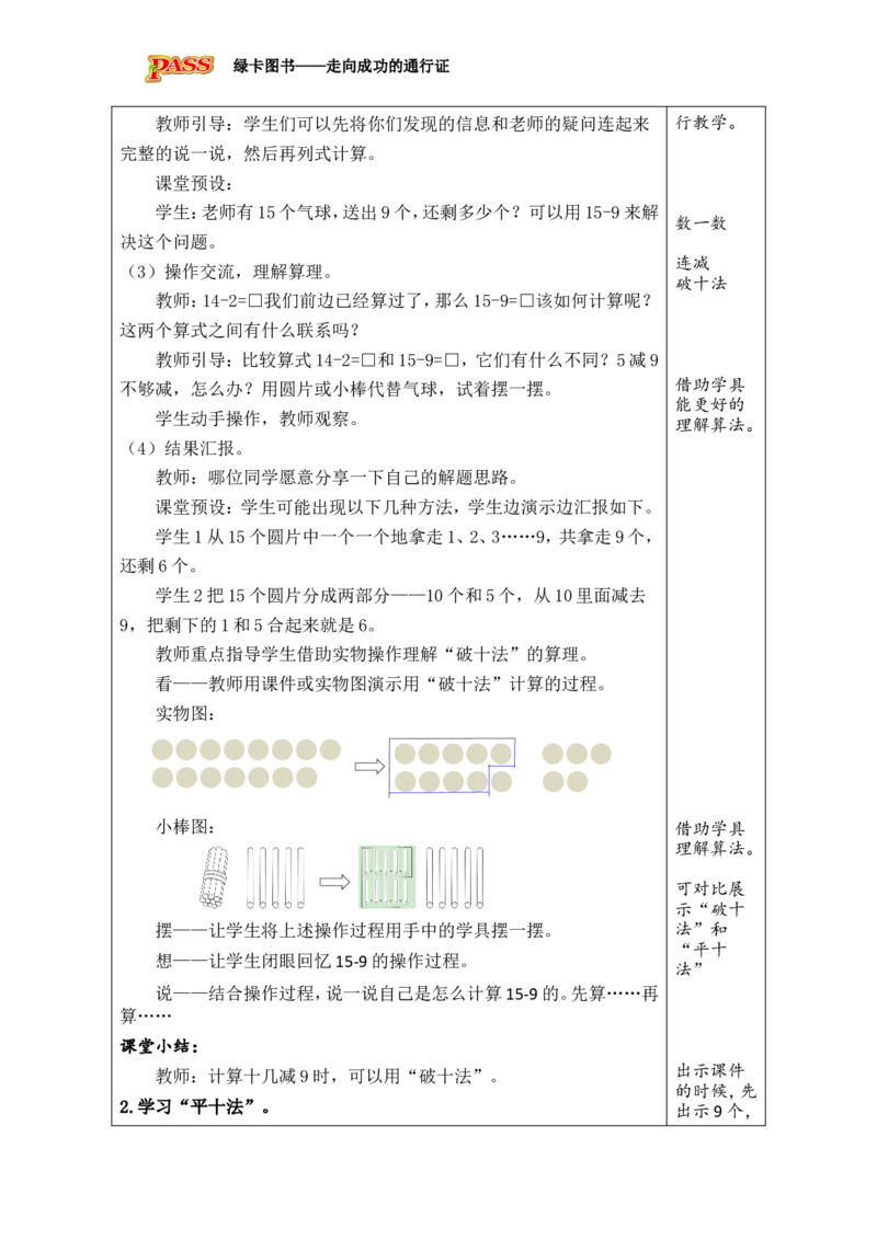 第1课时十几减9_小学数学人教版单独教案（1-6上下册）_《绿卡图书教案》1-6下册（26春）_1年级下册（26春）_220以内的退位减法