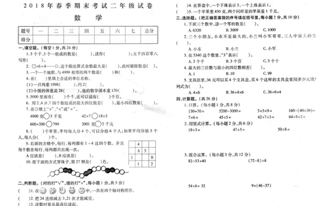 人教版二年级下数学期末考试试卷（7）_小学数学人教版2年级下册_14历年考试真题_14历年考试真题
