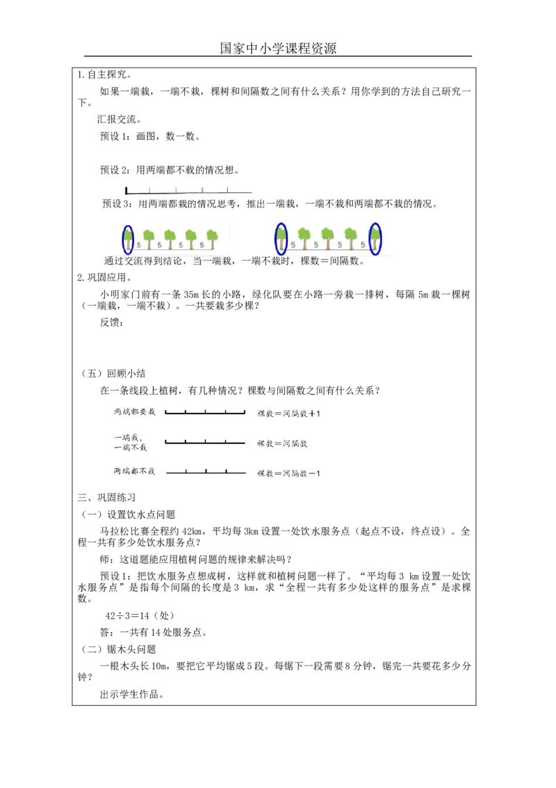 植树问题（第2课时）_教学设计_小学数学人教版单独教案（1-6上下册）_《智慧教育教案》1-6上下册（25秋）_1-6上册_5年级上册（教案）新插图_第7单元数学广角&mdash;&mdash;植树问题