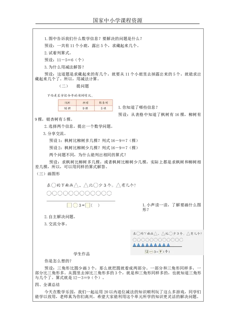 2.1320以内的退位减法整理与复习（第3课时）_教学设计_小学数学人教版单独教案（1-6上下册）_《智慧教育教案》1-6上下册（25秋）_1-6下册_1年级下册（教案）2025春_2024春
