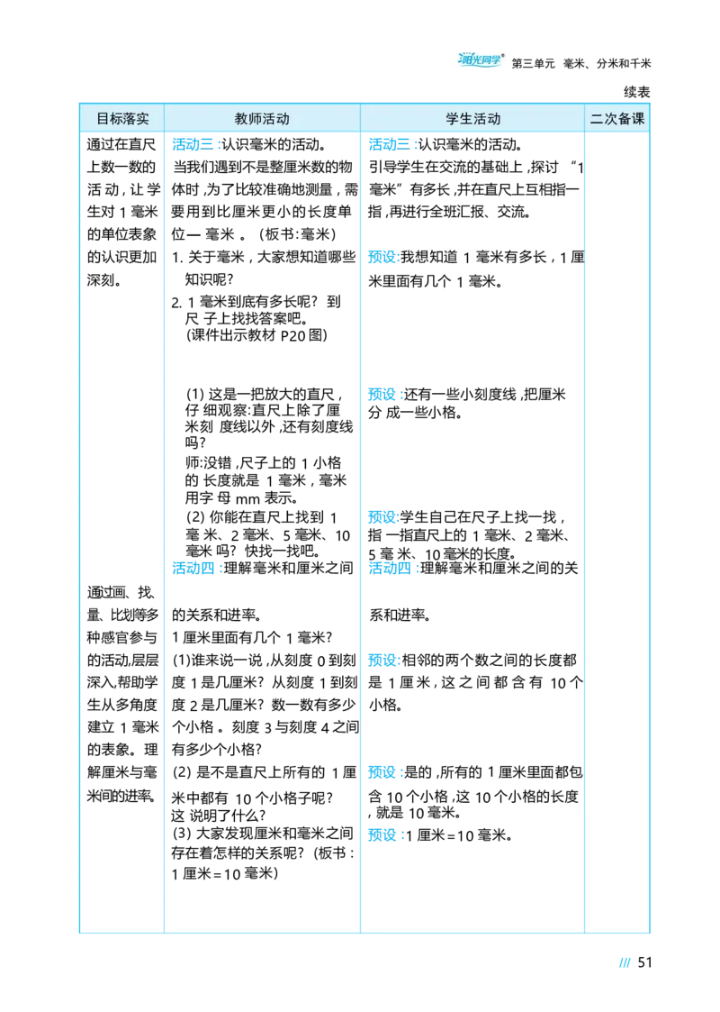第三单元毫米、分米和千米_小学数学人教版单独教案（1-6上下册）_《阳光同学教案》1-6上册（25秋）_阳光同学特级教案数学人教3年级上册