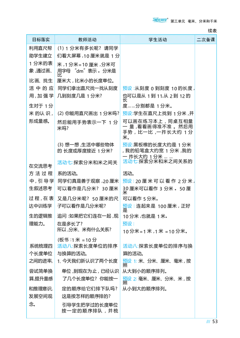 第三单元毫米、分米和千米_小学数学人教版单独教案（1-6上下册）_《阳光同学教案》1-6上册（25秋）_阳光同学特级教案数学人教3年级上册