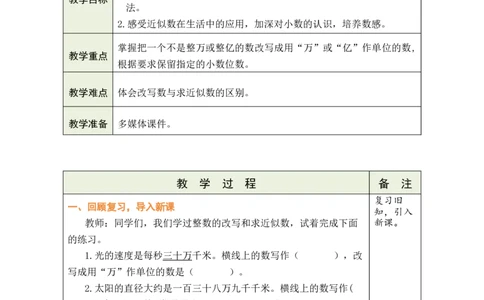 第12课时改写成用&ldquo;万&rdquo;或&ldquo;亿&rdquo;作单位的数_小学数学人教版单独教案（1-6上下册）_《绿卡图书教案》1-6下册（26春）_4年级下册（26春）_4小数的意义和性质