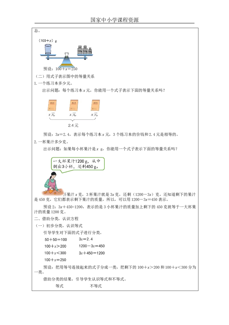 方程的意义_教学设计_小学数学人教版单独教案（1-6上下册）_《智慧教育教案》1-6上下册（25秋）_1-6上册_5年级上册（教案）新插图_第5单元简易方程