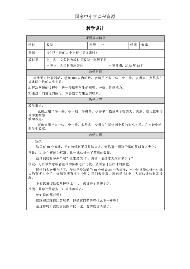 4.5100以内数的大小比较（第2课时）教学设计_小学数学人教版单独教案（1-6上下册）_《智慧教育教案》1-6上下册（25秋）_1-6下册_1年级下册（教案）2025春_2024春_第4单元100以内数的认识