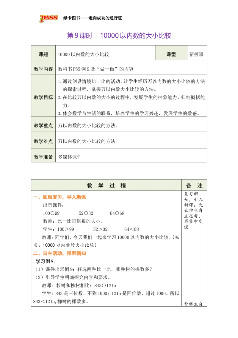 第9课时10000以内数的大小比较_小学数学人教版单独教案（1-6上下册）_《绿卡图书教案》1-6下册（26春）_2年级下册（26春）_三万以内数的认识