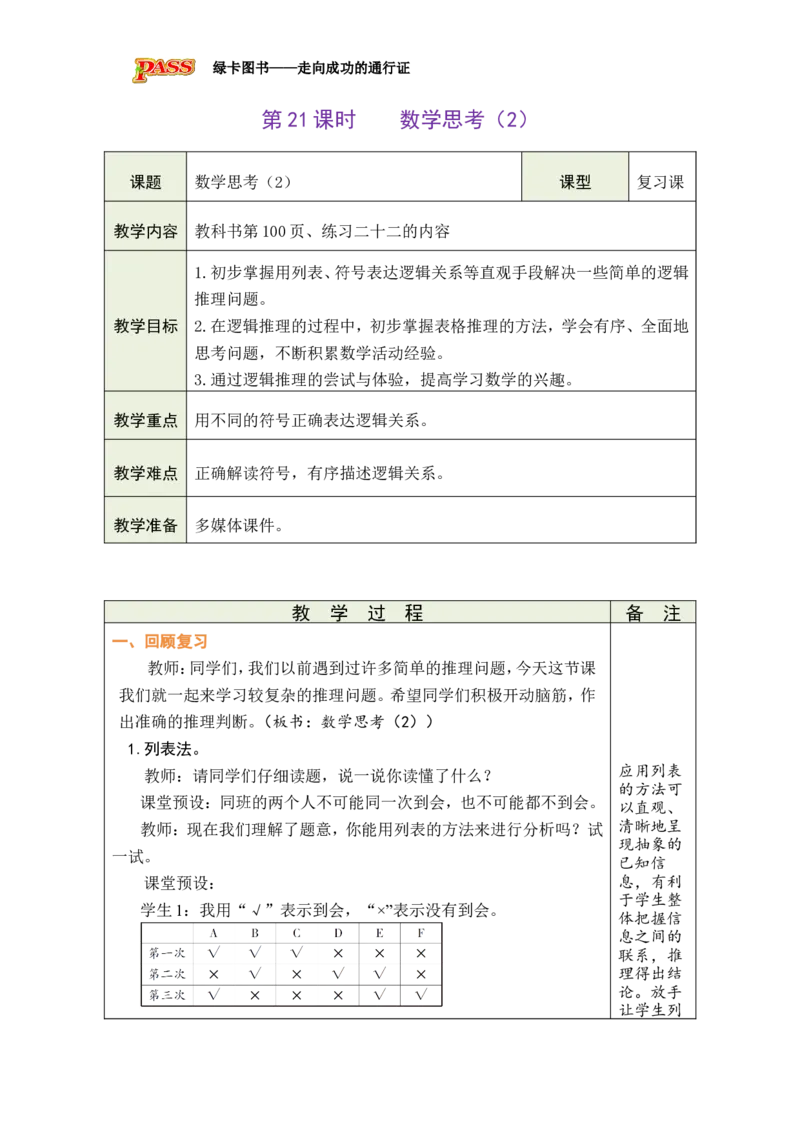 第21课时数学思考（2）_小学数学人教版单独教案（1-6上下册）_《绿卡图书教案》1-6下册（26春）_6年级下册（26春）_6整理和复习