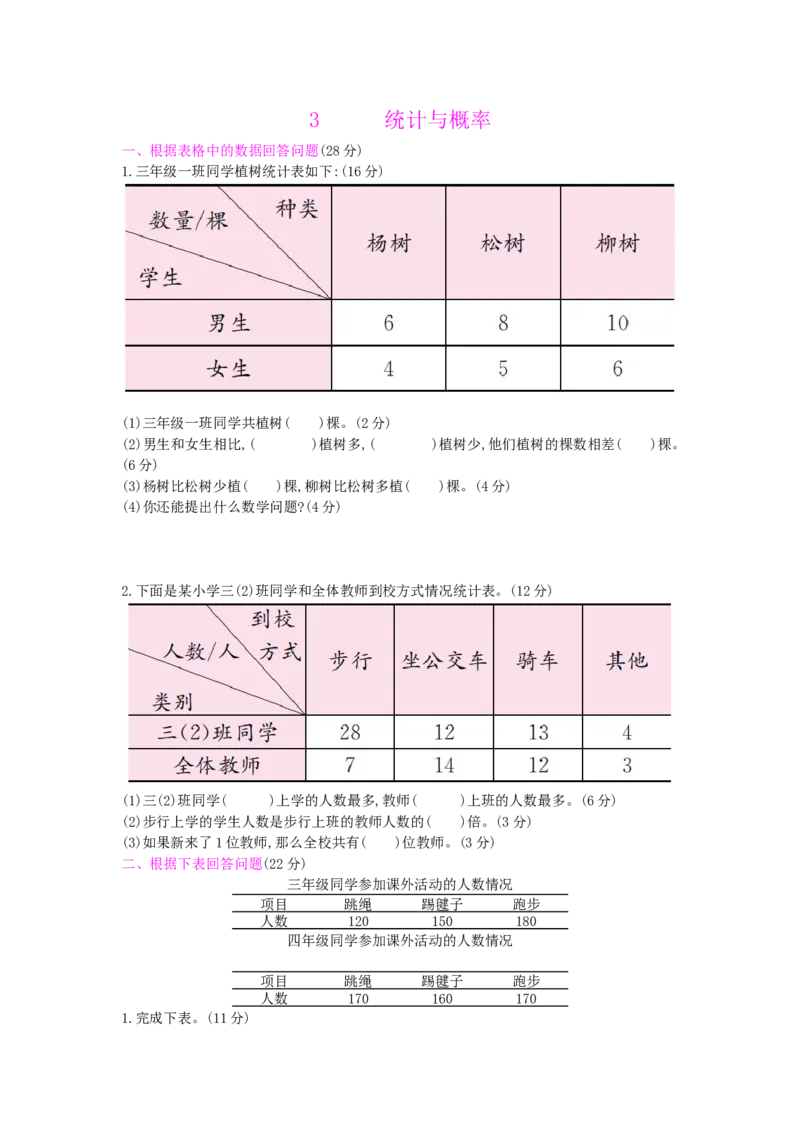 总复习-3统计与概率_小学数学人教版3年级下册_13单项测试卷_13单项测试卷