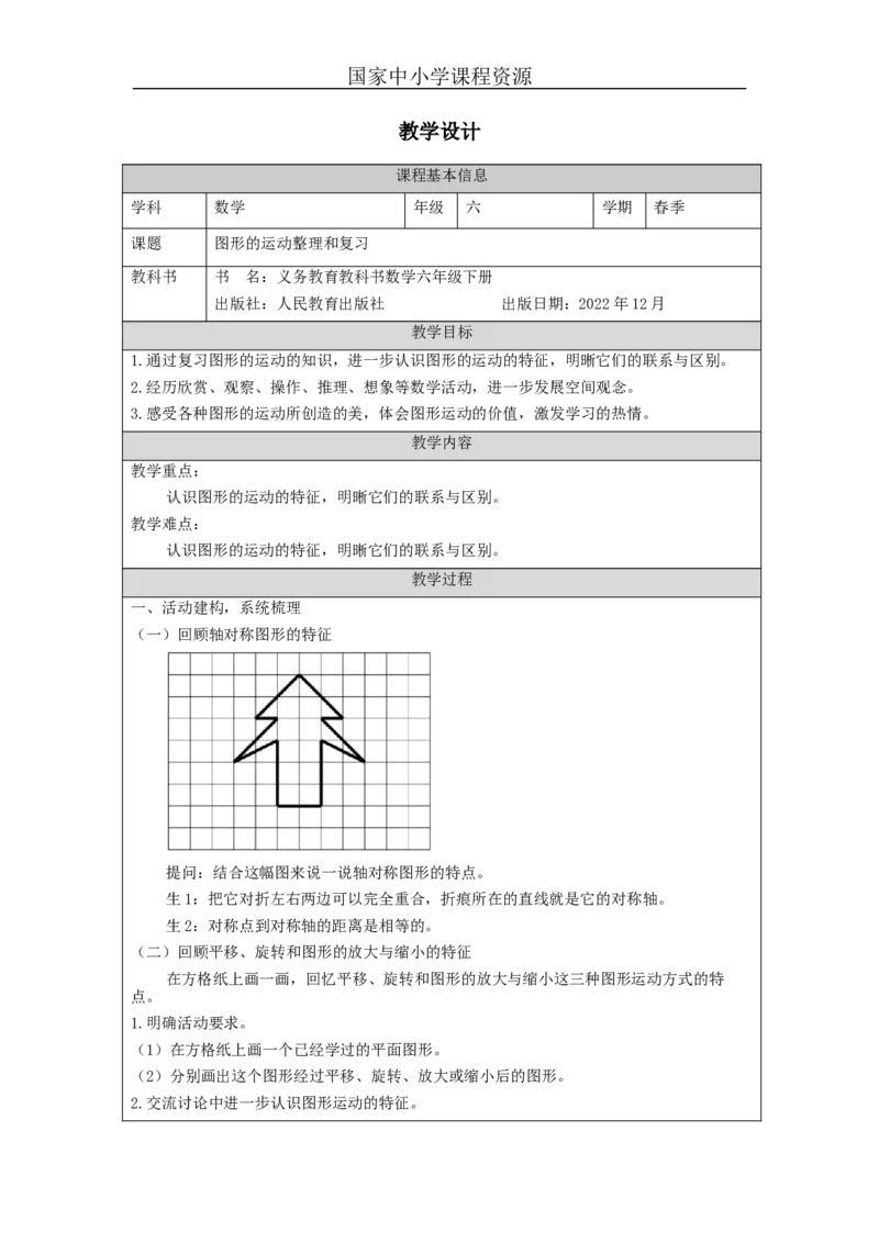 图形的运动整理和复习_教学设计_小学数学人教版单独教案（1-6上下册）_《智慧教育教案》1-6上下册（25秋）_1-6下册_6年级下册（教案）新插图_第6单元整理和复习
