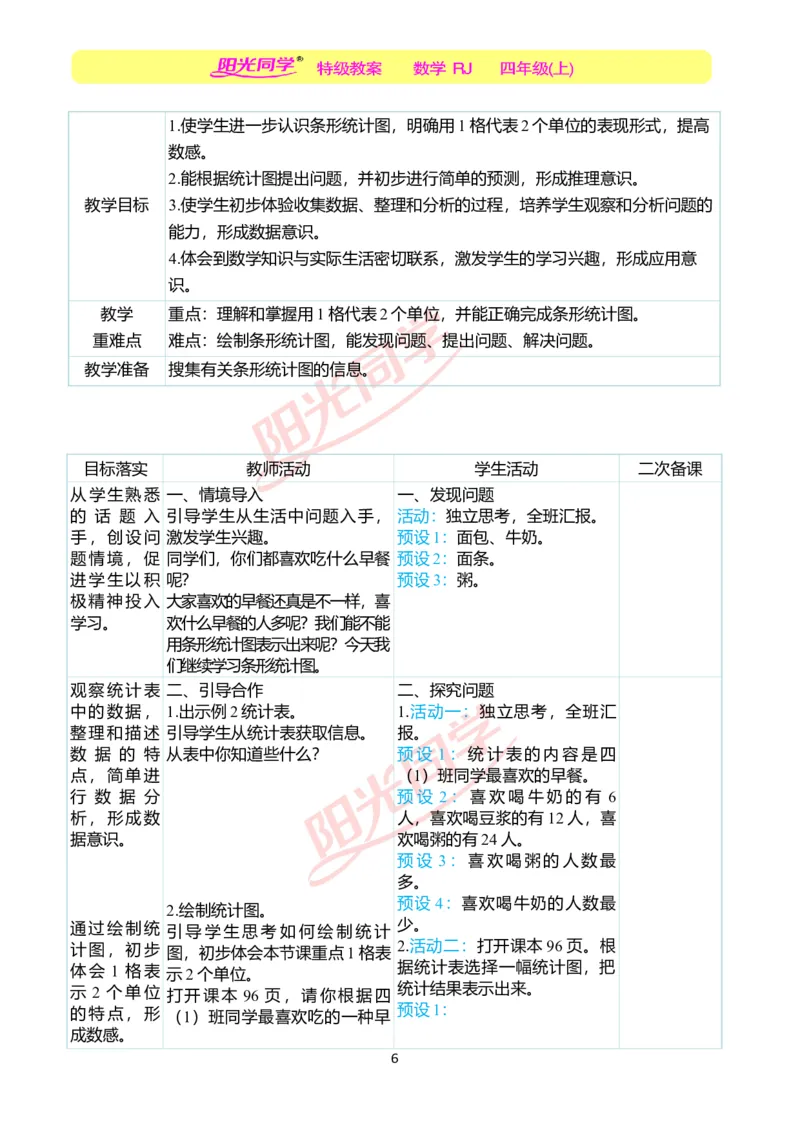 二、教学案例_小学数学人教版单独教案（1-6上下册）_《阳光同学教案》1-6上册（25秋）_阳光同学特级教案数学人教4年级上册_第七单元条形统计图