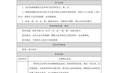 30认识人民币-认一认、换一换_认识人民币_教学设计_小学数学人教版单独教案（1-6上下册）_《智慧教育教案》1-6上下册（25秋）_1-6下册_1年级下册（教案）2025春_2025春_欢乐购物街