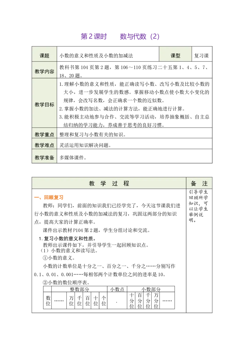 第2课时数与代数（2）_小学数学人教版单独教案（1-6上下册）_《绿卡图书教案》1-6下册（26春）_4年级下册（26春）_10总复习