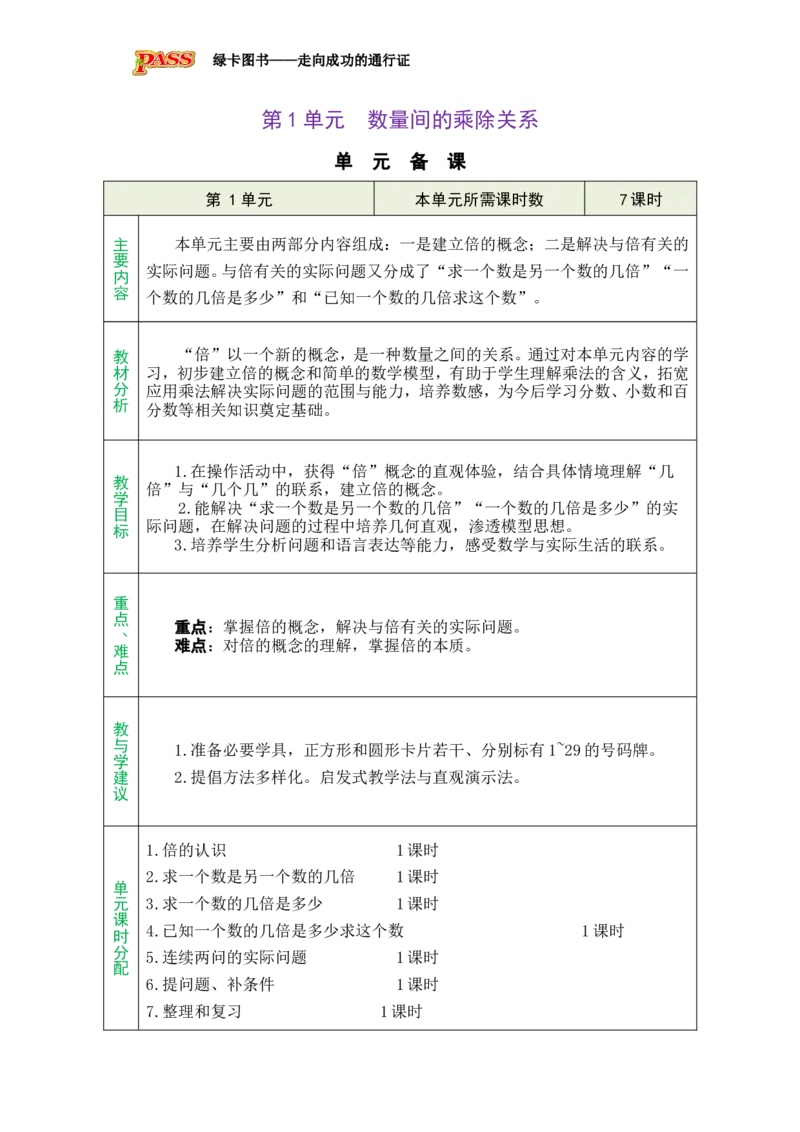 单元备课_小学数学人教版单独教案（1-6上下册）_《绿卡图书教案》1-6下册（26春）_2年级下册（26春）_二数量间的乘除关系