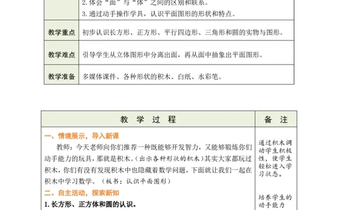 第1课时认识平面图形_小学数学人教版单独教案（1-6上下册）_《绿卡图书教案》1-6下册（26春）_1年级下册（26春）_1认识平面图形
