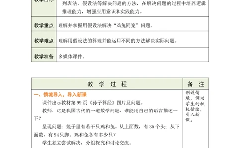 第1课时鸡兔同笼_小学数学人教版单独教案（1-6上下册）_《绿卡图书教案》1-6下册（26春）_4年级下册（26春）_9数学广角&mdash;&mdash;鸡兔同笼