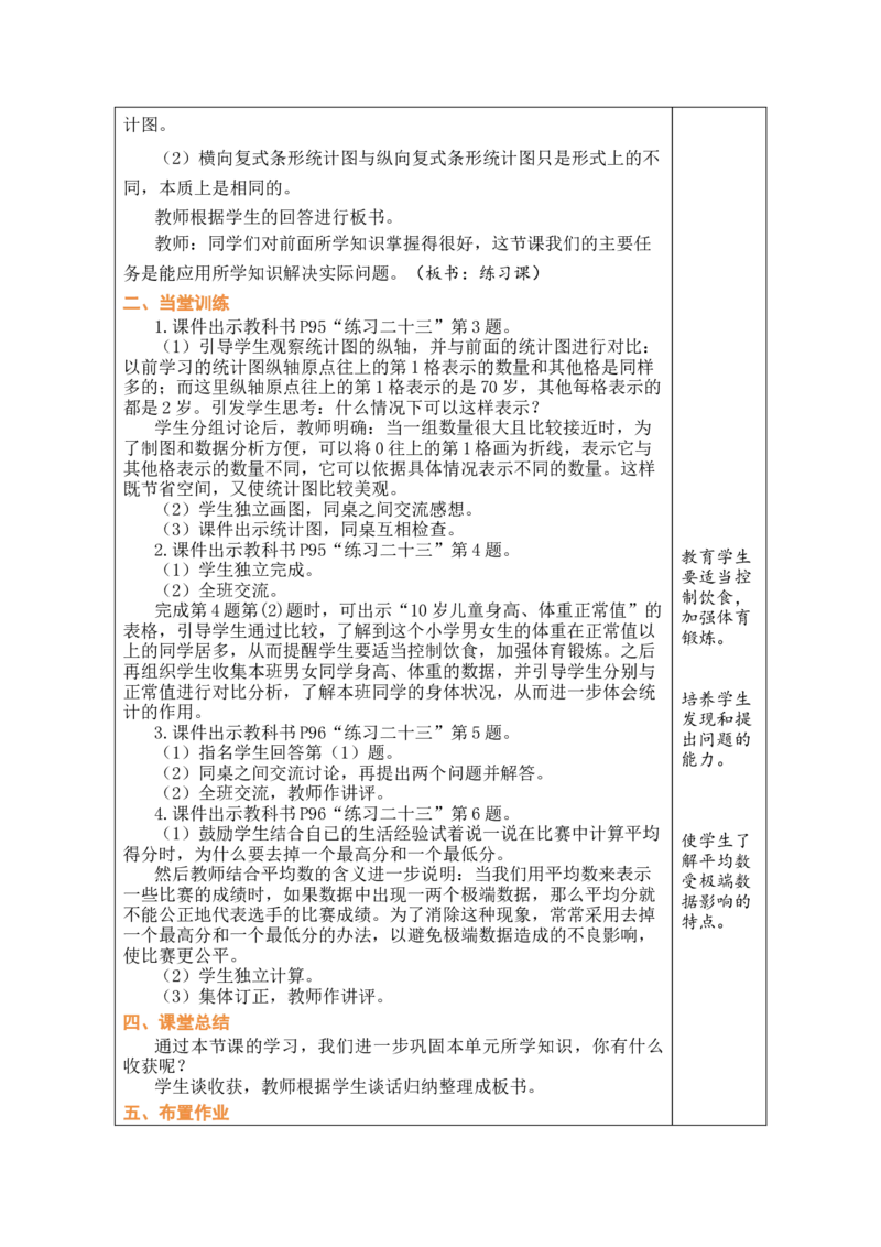 第4课时练习课_小学数学人教版单独教案（1-6上下册）_《绿卡图书教案》1-6下册（26春）_4年级下册（26春）_8平均数与条形统计图