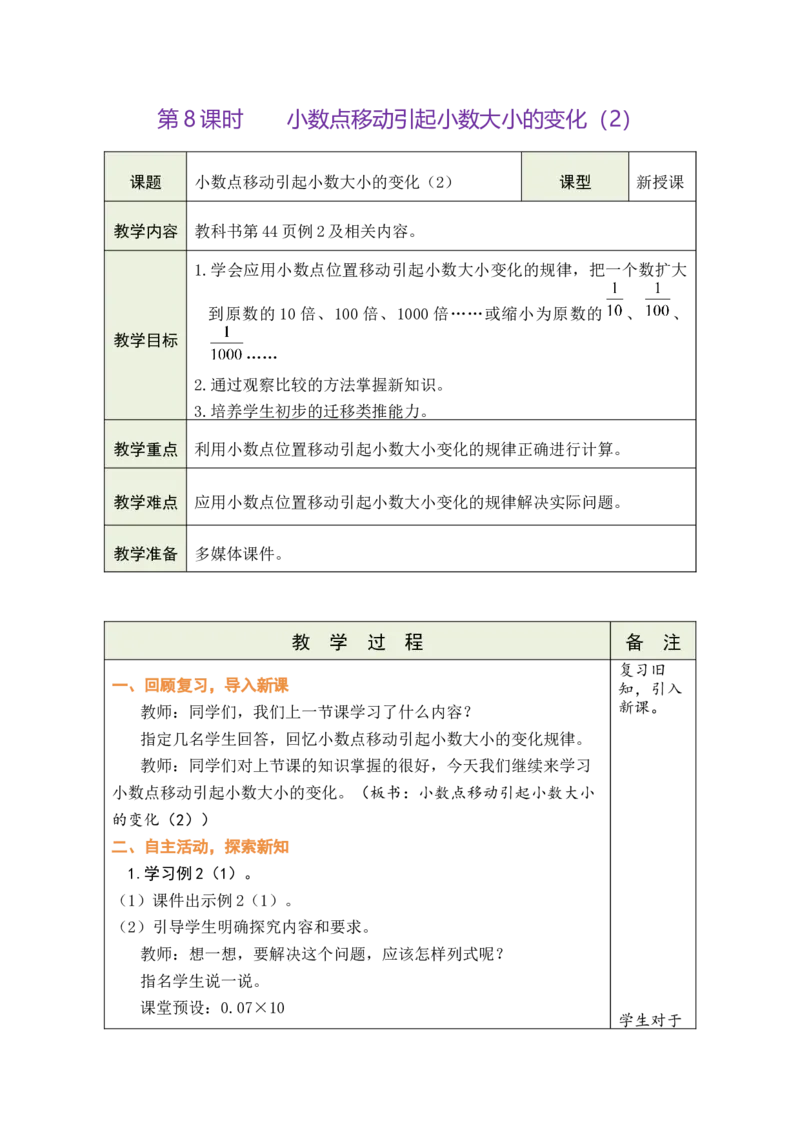 第8课时小数点移动引起小数大小的变化（2）_小学数学人教版单独教案（1-6上下册）_《绿卡图书教案》1-6下册（26春）_4年级下册（26春）_4小数的意义和性质