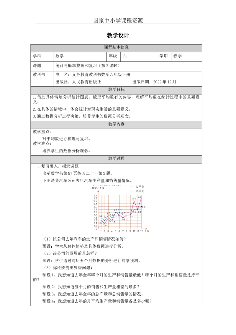 统计与概率整理和复习(第2课时)_教学设计_小学数学人教版单独教案（1-6上下册）_《智慧教育教案》1-6上下册（25秋）_1-6下册_6年级下册（教案）新插图_第6单元整理和复习