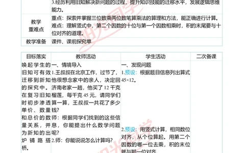 二、教学案例_小学数学人教版单独教案（1-6上下册）_《阳光同学教案》1-6上册（25秋）_阳光同学特级教案数学人教4年级上册_第四单元三位数乘两位数