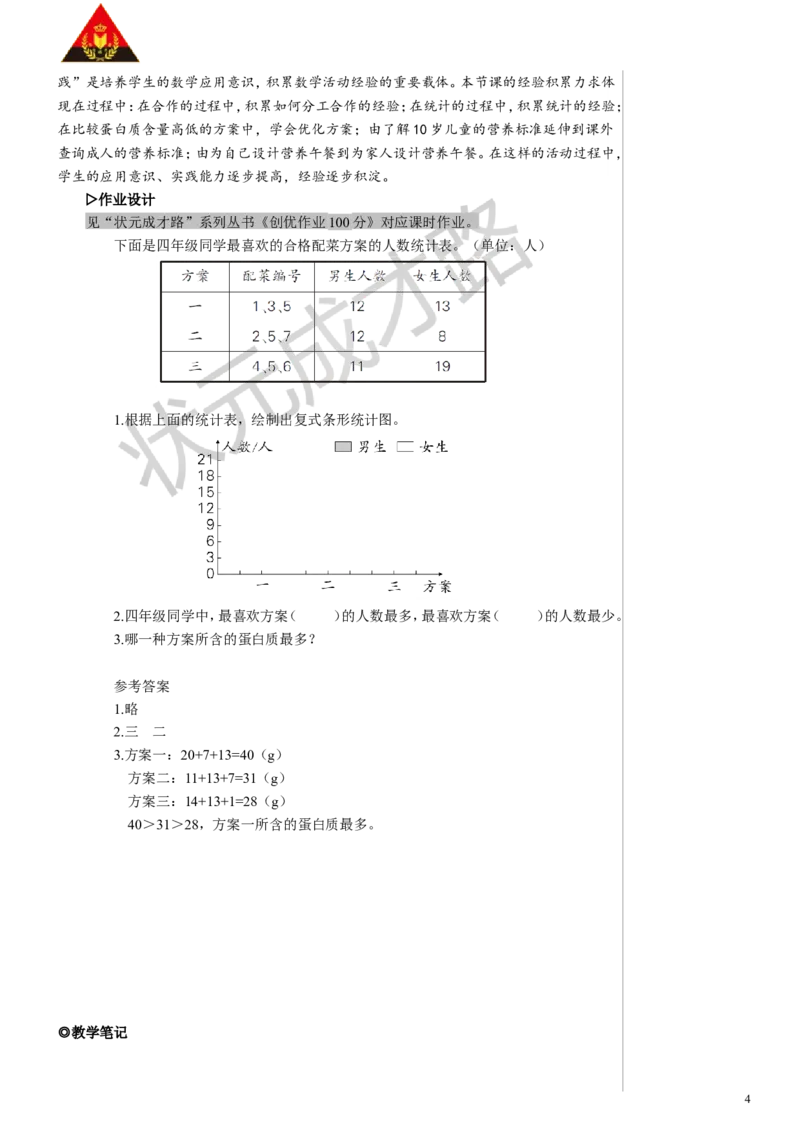 综合与实践营养午餐教案_小学数学人教版单独教案（1-6上下册）_《状元大课堂教案》1-6上下册（26春）_1-6下册_4年级下册_8平均数与条形统计图