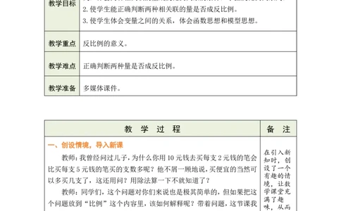 第6课时反比例_小学数学人教版单独教案（1-6上下册）_《绿卡图书教案》1-6下册（26春）_6年级下册（26春）_4比例