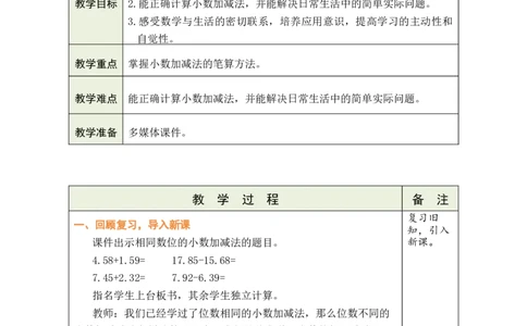 第2课时小数加减法（2）_小学数学人教版单独教案（1-6上下册）_《绿卡图书教案》1-6下册（26春）_4年级下册（26春）_6小数的加法和减法