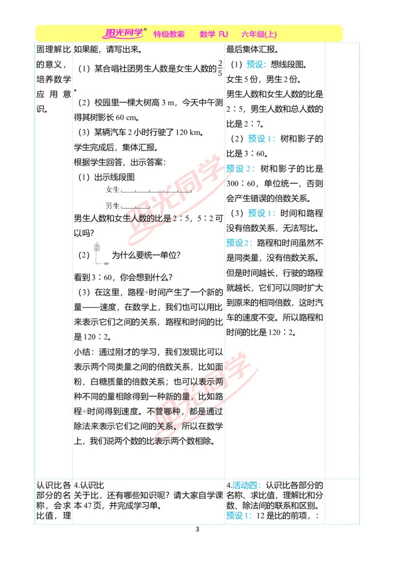 第四单元教学案例_小学数学人教版单独教案（1-6上下册）_《阳光同学教案》1-6上册（25秋）_阳光同学特级教案数学人教6年级上册_第四单元比