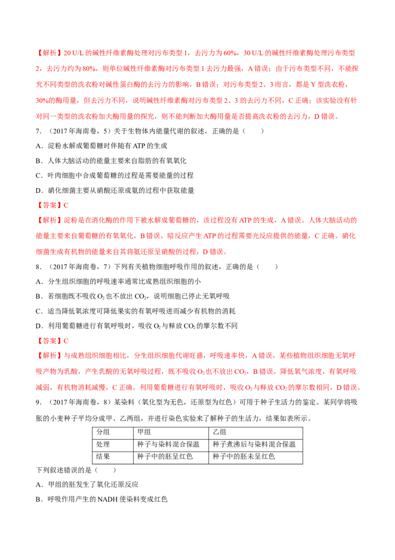 专题02细胞的能量与代谢-十年（2012-2021）高考生物真题分项汇编（全国通用）（解析版）_高考真题分类汇编(2012-2022)生物_高考真题分项汇编(2012-2021)生物