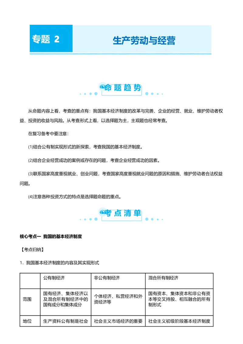 原创2021届高考二轮精品专题二生产劳动与经营学生版_通用版（老高考）复习资料_2023年复习资料_一轮+二轮_原创2021届高考政治二轮精品专题