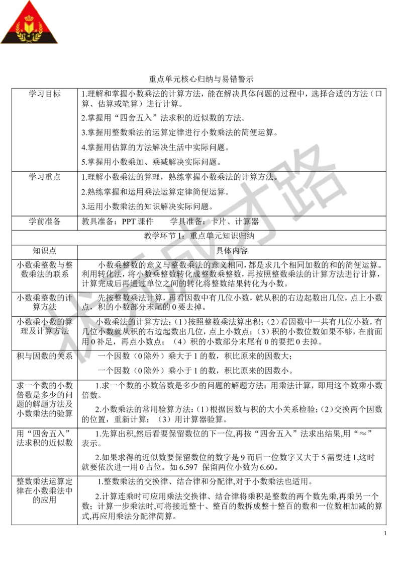 重点单元核心归纳与易错警示_1-6年级上册_数学5年级上册教学资源包_导学案新版_1小数乘法