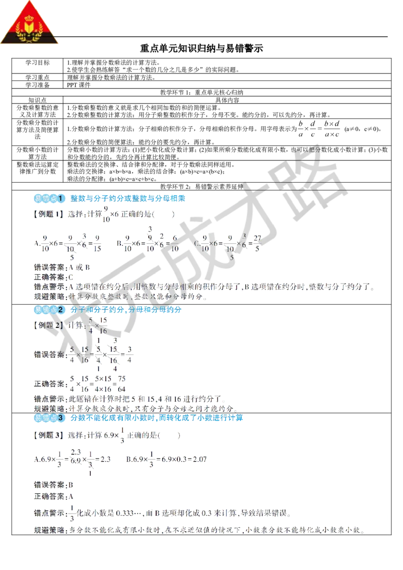 重点单元知识归纳与易错警示_1-6年级上册_数学6年级上册教学资源包_导学案新版_1分数乘法