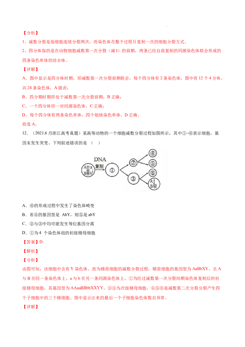 专题04细胞的生命历程（包括减数分裂）-三年（2020-2022）高考真题生物分项汇编（全国通用）（解析版）_高考真题分类汇编(2012-2022)生物_高考真题分项汇编(2020-2022)生物