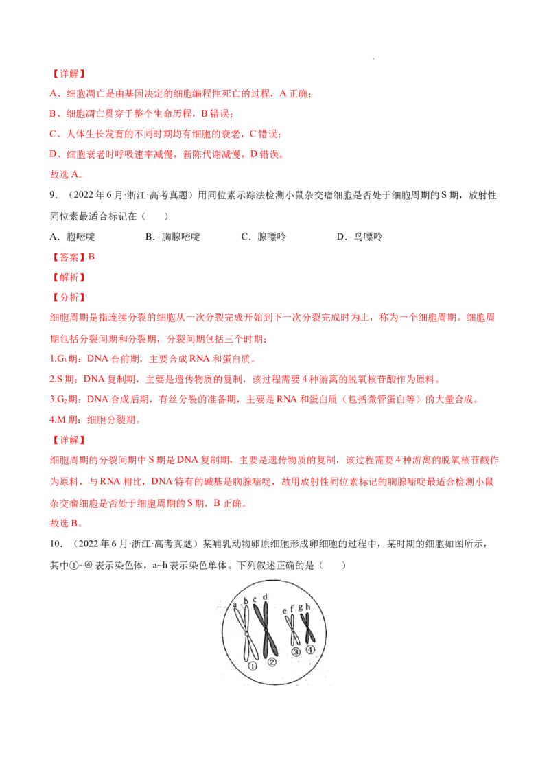 专题04细胞的生命历程（包括减数分裂）-三年（2020-2022）高考真题生物分项汇编（全国通用）（解析版）_高考真题分类汇编(2012-2022)生物_高考真题分项汇编(2020-2022)生物