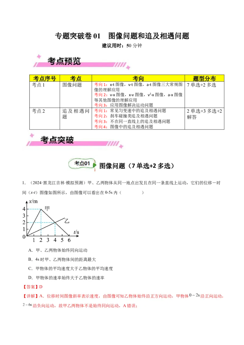 专题突破卷01图像问题和追及相遇问题专题（解析版）_新高考复习资料_2025年新高考资料_2025年高考物理一轮复习考点通关卷（新高考通用）_专题突破卷01图像问题和追及相遇问题专题
