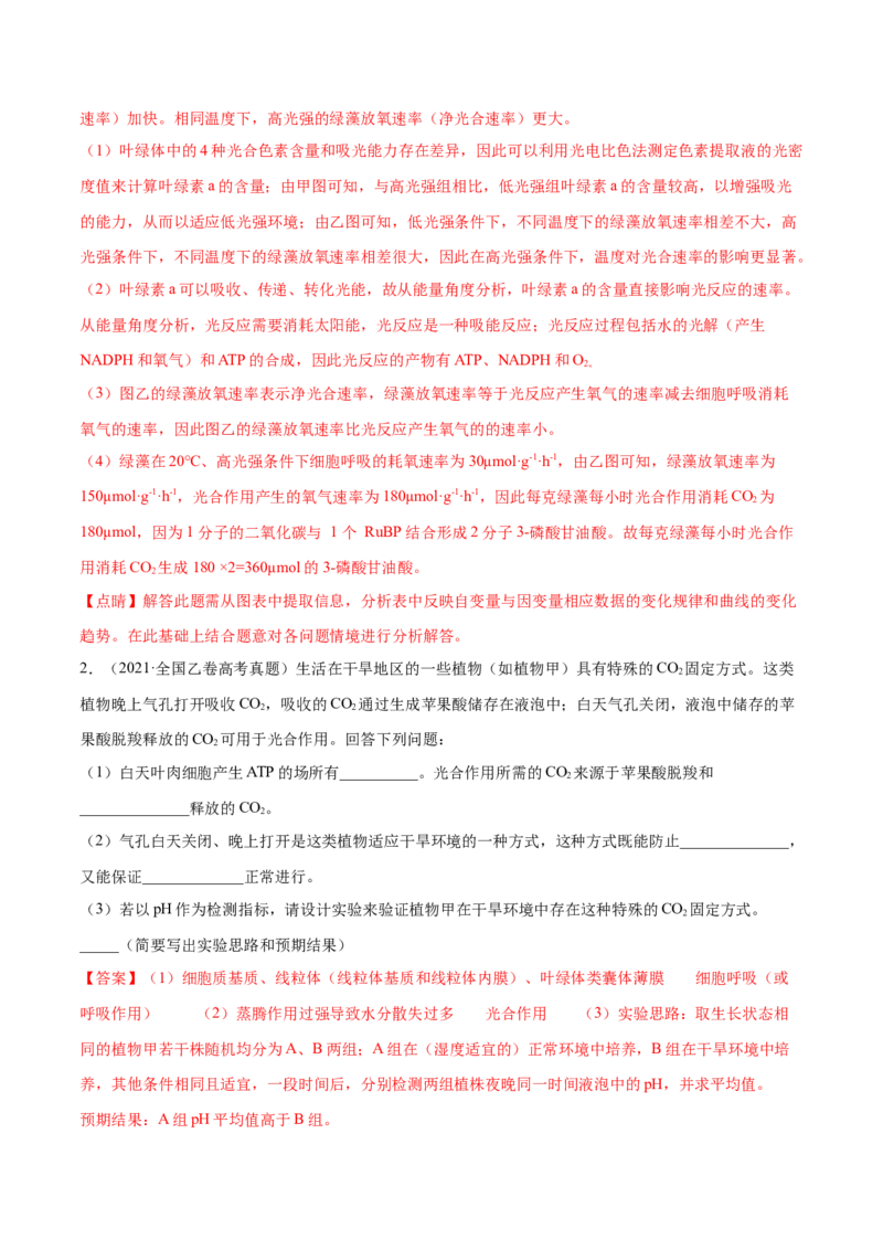 专题14光合作用与呼吸作用综合-十年（2012-2021）高考生物真题分项汇编（全国通用）（解析版）_高考真题分类汇编(2012-2022)生物_高考真题分项汇编(2012-2021)生物