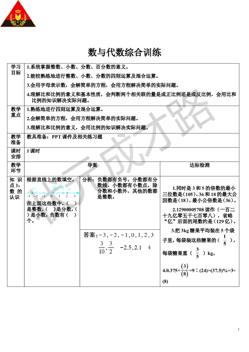 数与代数综合训练（导学案）_1-6年级下册_R6数下新插图版_R6数下教案+学案_导学案_第6单元整理和复习_1.数与代数